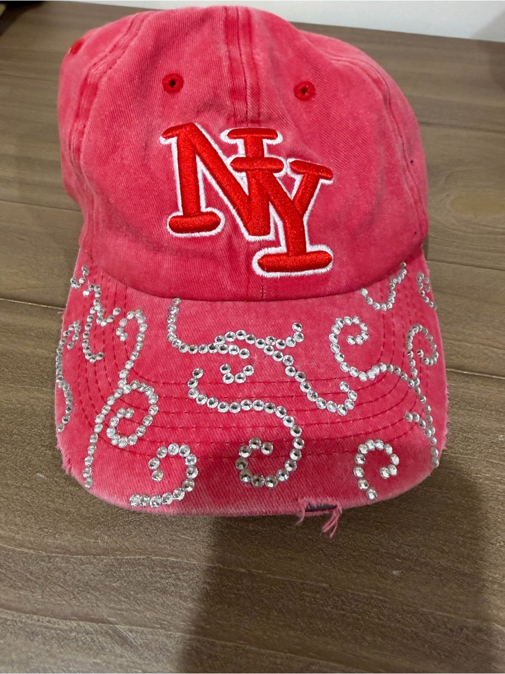 Embellished Pink Baseball Cap with NY Monogram